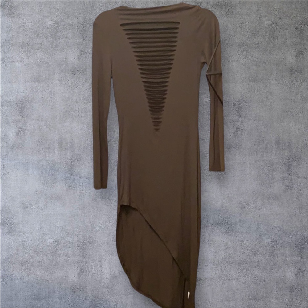 NWOT Love J Bodycon, midi length, long-sleeved, asymmetrical hem dress - Picture 2 of 9